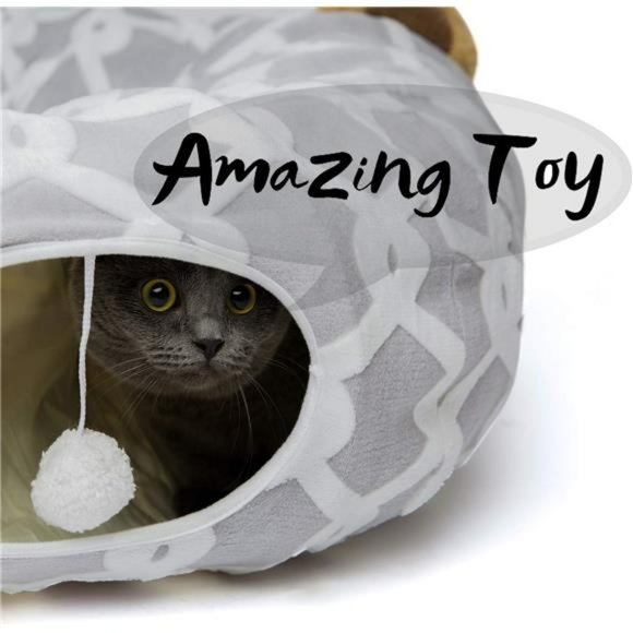 Large Cat Tunnel Bed with Plush Cover, Fluffy Toy Balls,  10 "D, 3 ft L - Picture 4 of 6